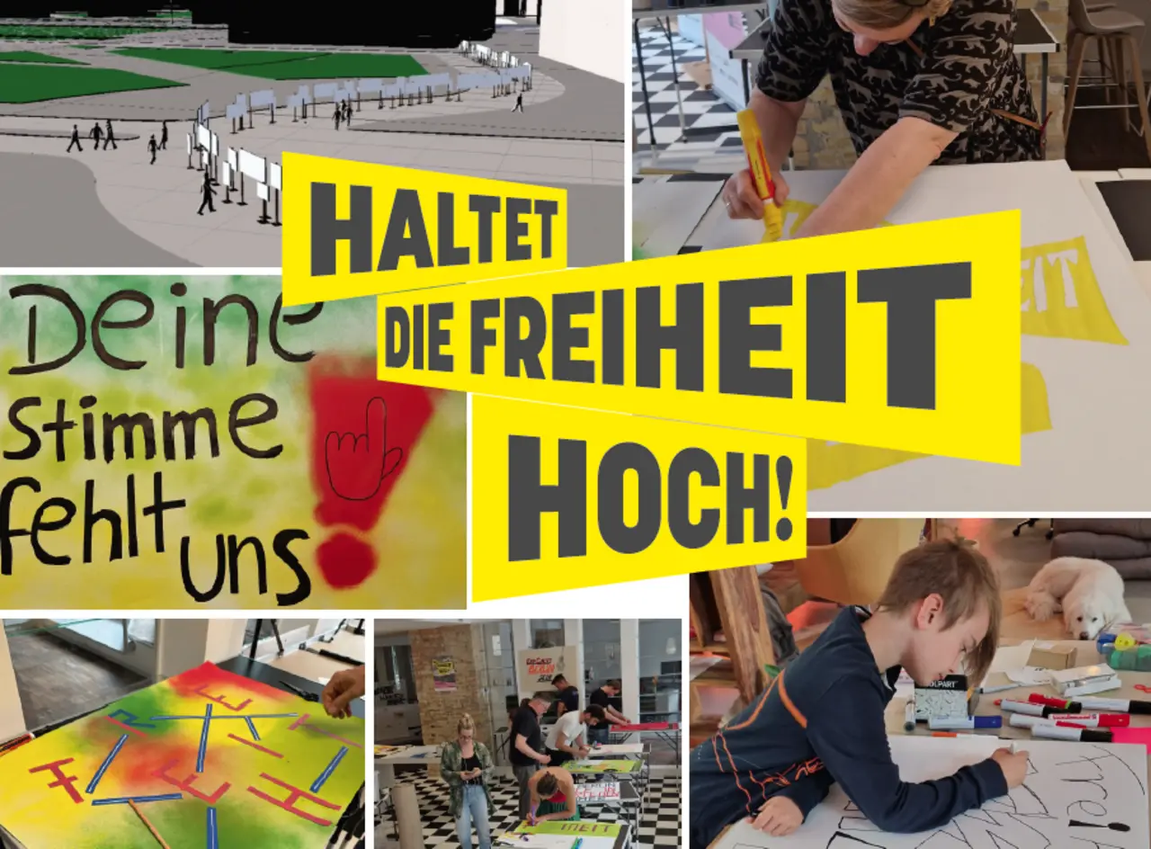 Man sieht eine Collage von Fotos, auf denen Menschen Schilder gestalten. Im Vordergrund steht: "Haltet die Freiheit hoch!".